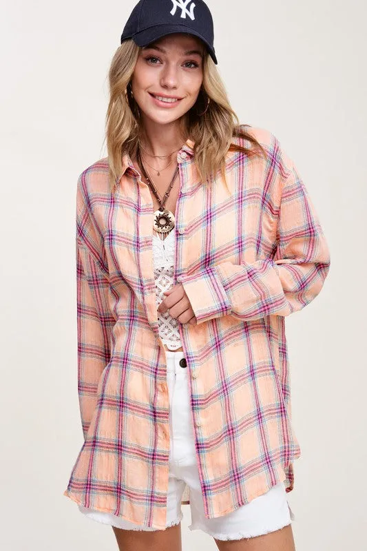 Button Front Relaxed Bold Plaid Cotton Blend Shirt