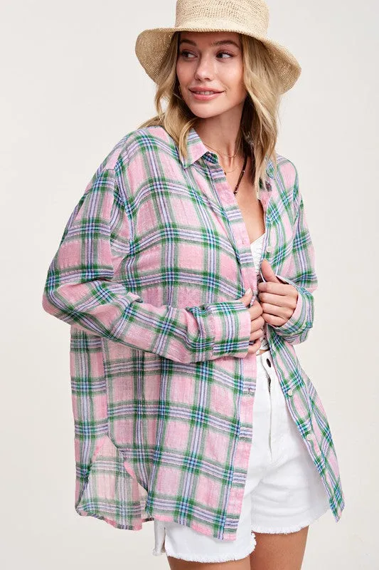 Button Front Relaxed Bold Plaid Cotton Blend Shirt