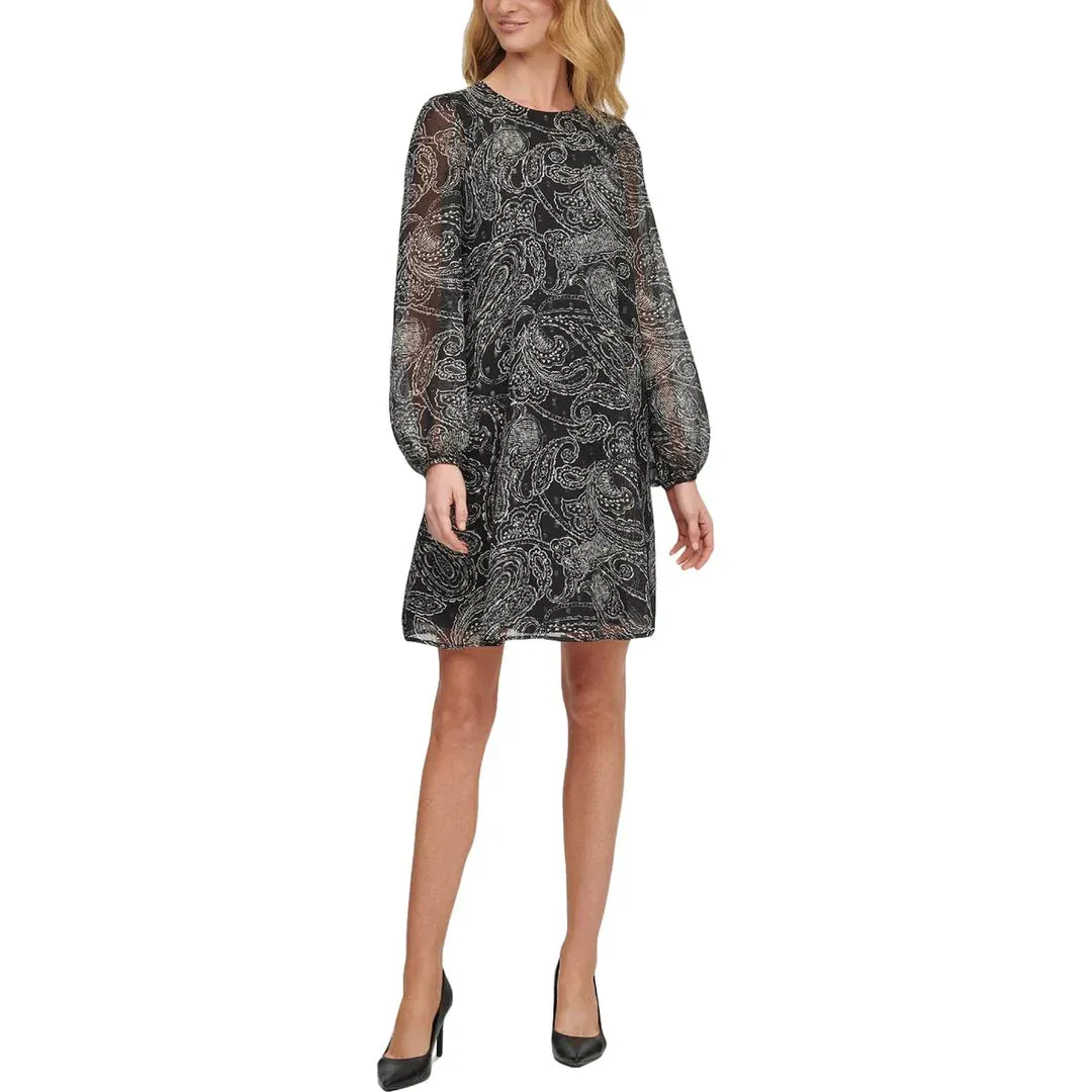 CALVIN KLEIN Women's Black Paisley Chiffon Shift Dress