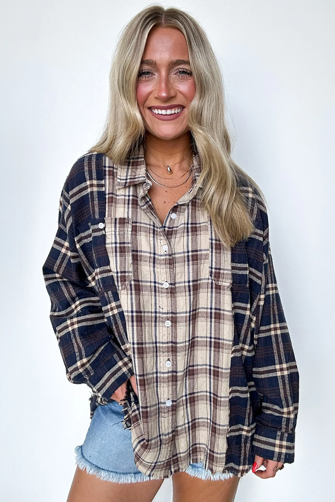 Casual Composure Color Block Plaid Raw Hem Button Down Top - FINAL SALE