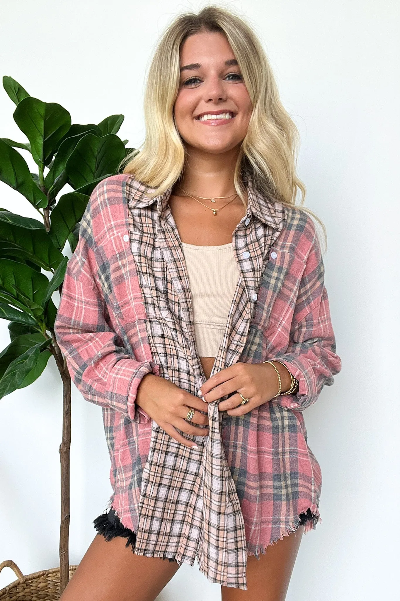 Casual Composure Color Block Plaid Raw Hem Button Down Top - FINAL SALE