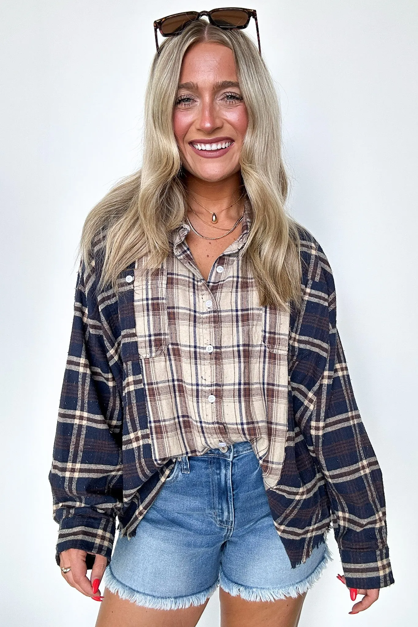 Casual Composure Color Block Plaid Raw Hem Button Down Top - FINAL SALE