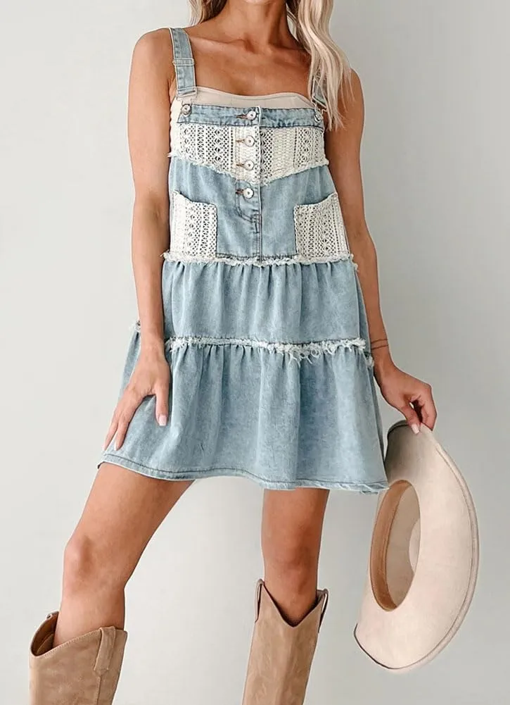chouyatou Women's Summer Distressed Short Denim Overall Dress Adjustable Strap Lace Crochet Spliced Tiered Jean Dress