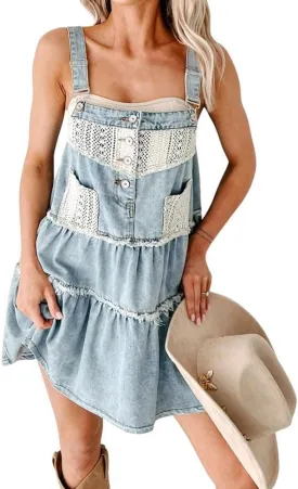chouyatou Women's Summer Distressed Short Denim Overall Dress Adjustable Strap Lace Crochet Spliced Tiered Jean Dress