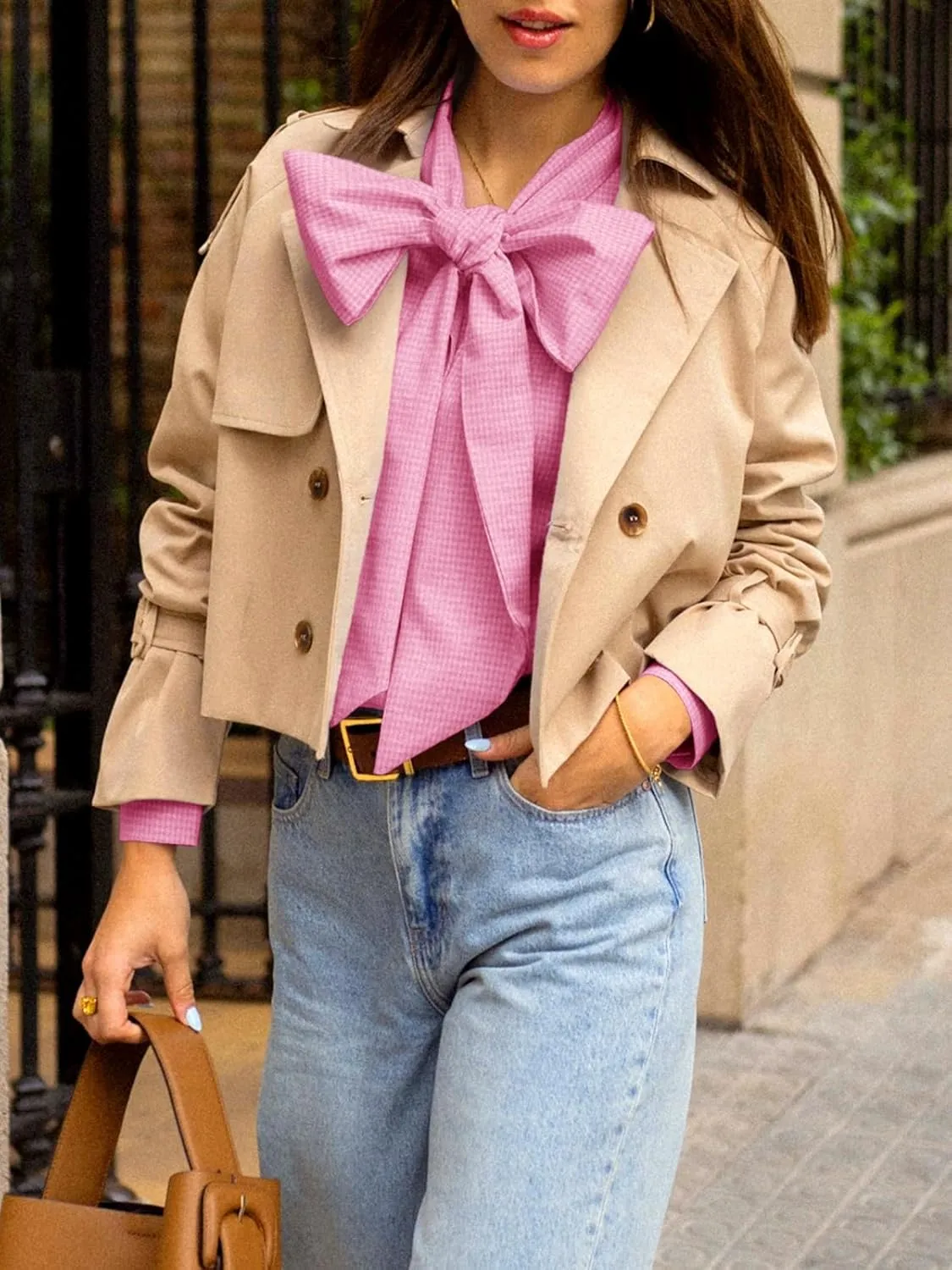 Cicy Bell Womens Plaid Shirts Bow Tied Neck Button Down Long Sleeve Casual Dressy Blouse Tops