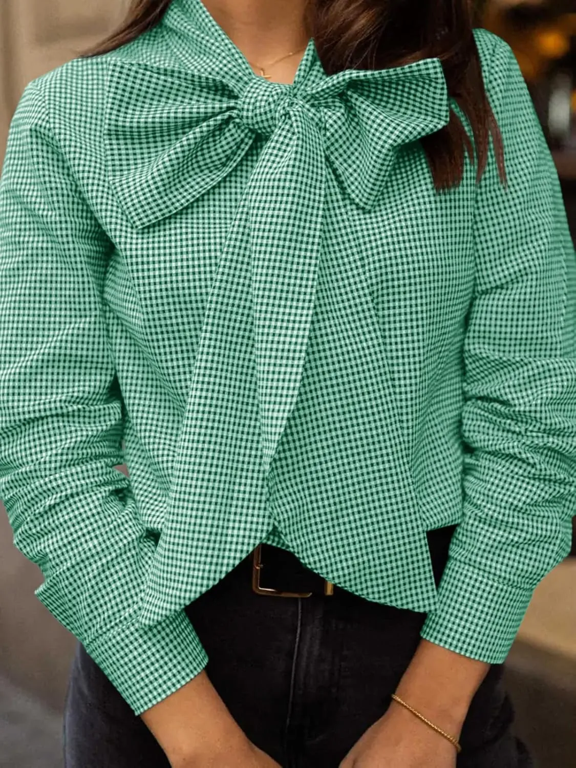Cicy Bell Womens Plaid Shirts Bow Tied Neck Button Down Long Sleeve Casual Dressy Blouse Tops
