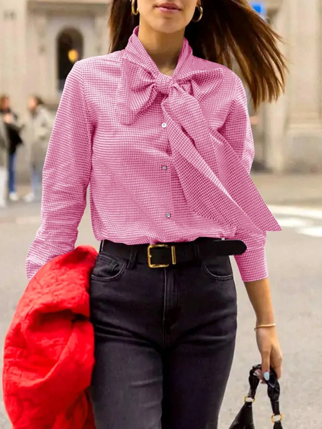 Cicy Bell Womens Plaid Shirts Bow Tied Neck Button Down Long Sleeve Casual Dressy Blouse Tops