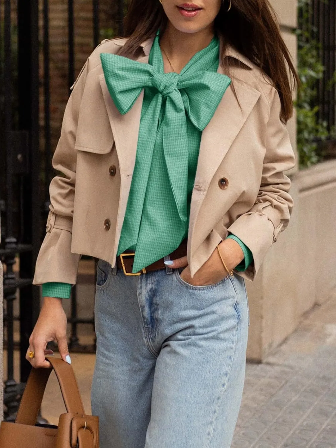 Cicy Bell Womens Plaid Shirts Bow Tied Neck Button Down Long Sleeve Casual Dressy Blouse Tops