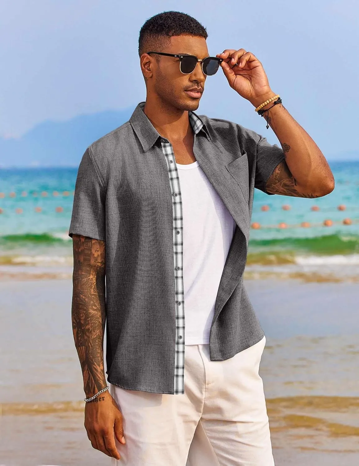 COOFANDY Men's Button Down Shirts Short Sleeve Casual Shirts Summer Beach Shirts Vacation Wedding Shirts with Pocket