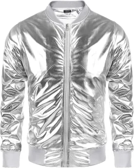 COOFANDY Men's Metallic Jacket 70s Disco Party Varsity Jacket Zip-up Baseball Bomber