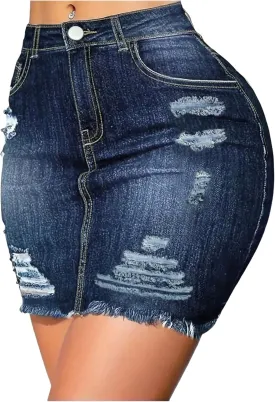 COZYEASE Women's Ripped Bodycon Mini Jean Skirt Y2K Raw Hem Distressed Short Denim Skirts