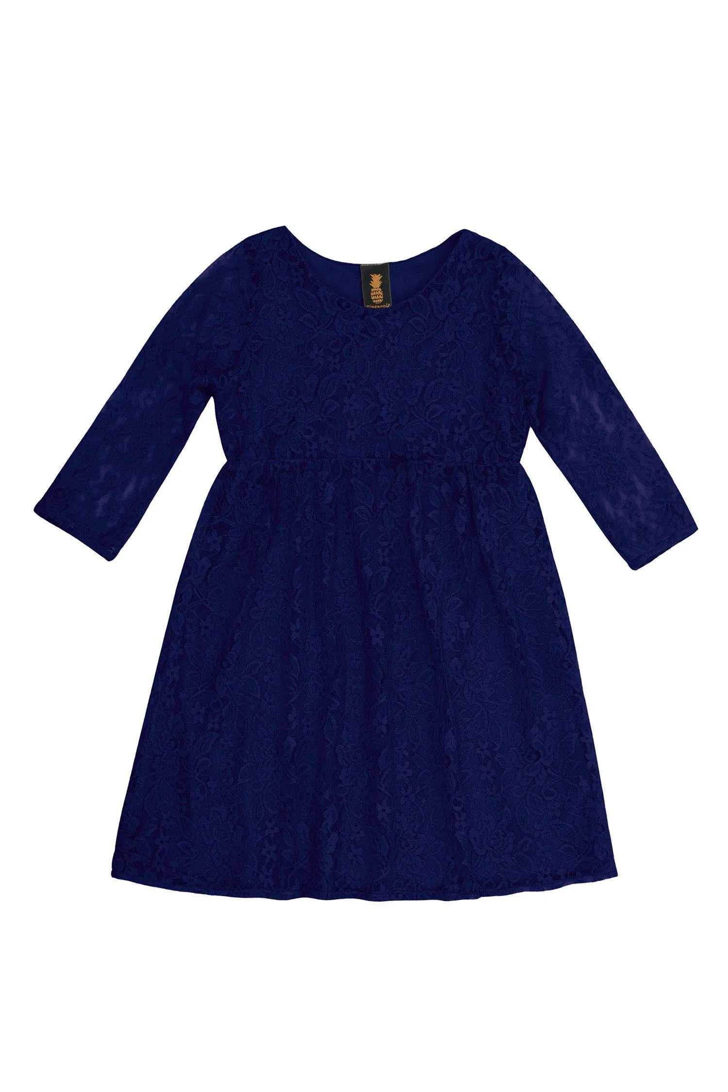 Deep Navy Stretchy Lace Empire Waist Three-Quarter Sleeve Dress - Girls