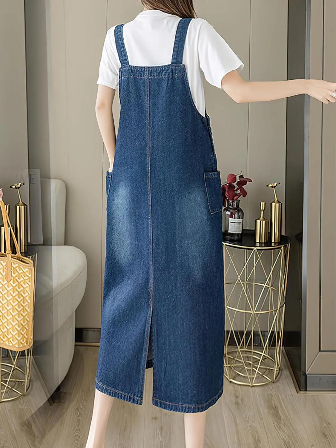 ebossy Women's Patchwork Denim Bib Overall Casual Button Jean Maxi Long Pinafore Dress With Pocket