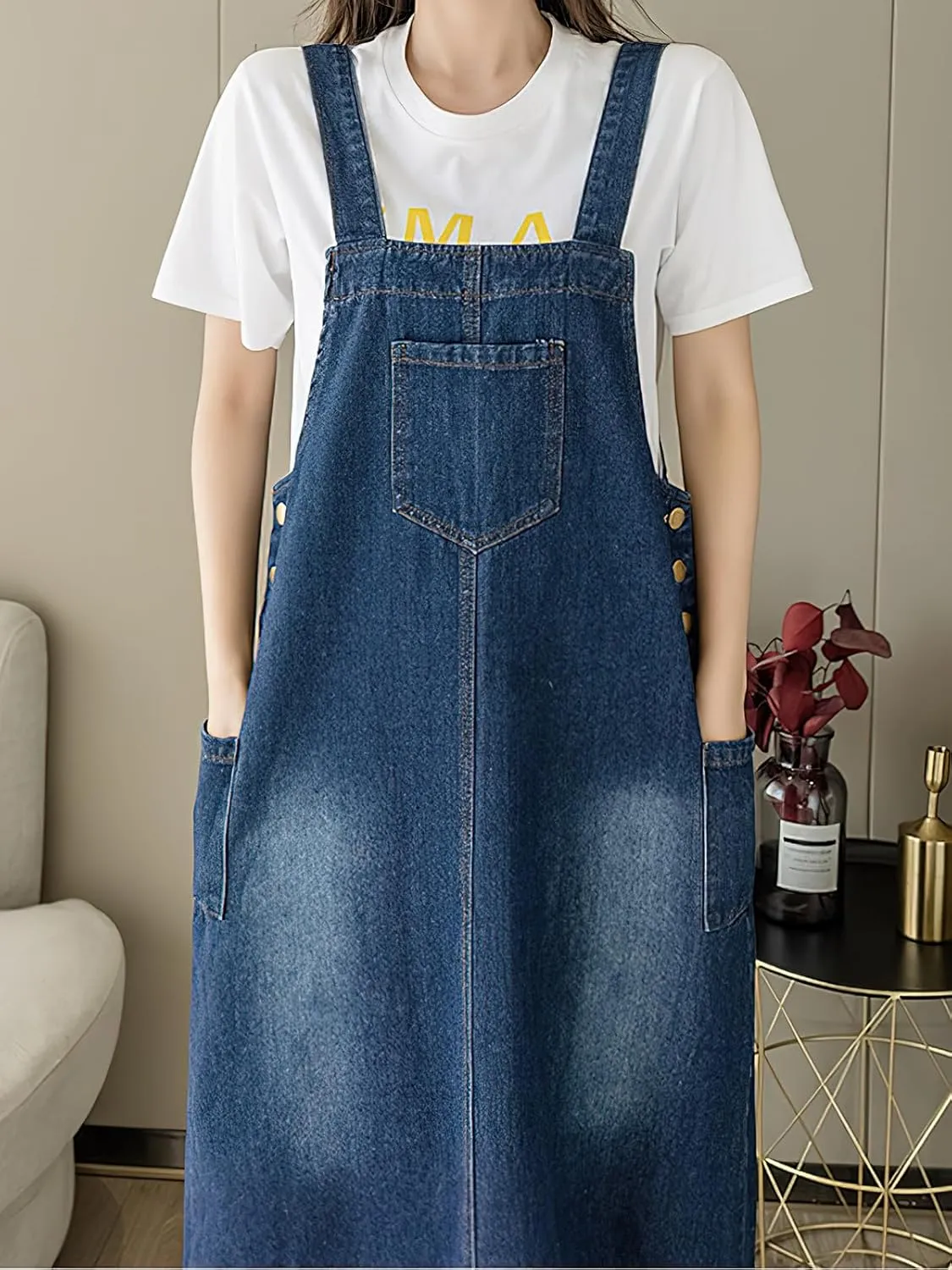 ebossy Women's Patchwork Denim Bib Overall Casual Button Jean Maxi Long Pinafore Dress With Pocket