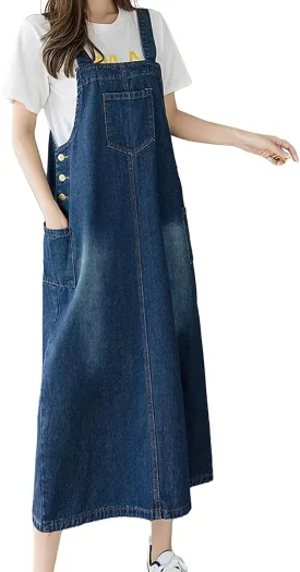 ebossy Women's Patchwork Denim Bib Overall Casual Button Jean Maxi Long Pinafore Dress With Pocket