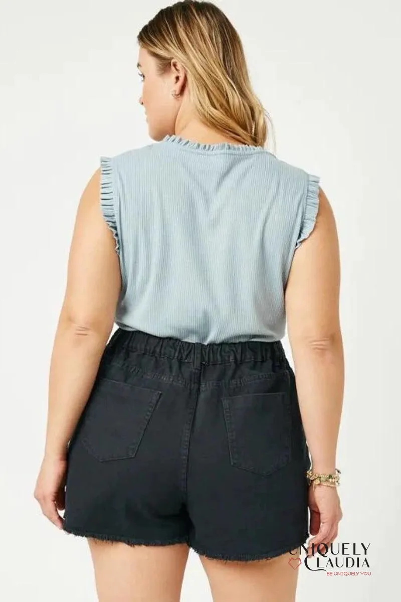 EDGY PLUS: Erica Distressed Hemmed Black Denim Shorts