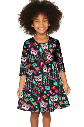 FangTastic Gloria Black Skull Cat Print Alt Empire Waist Dress - Girls