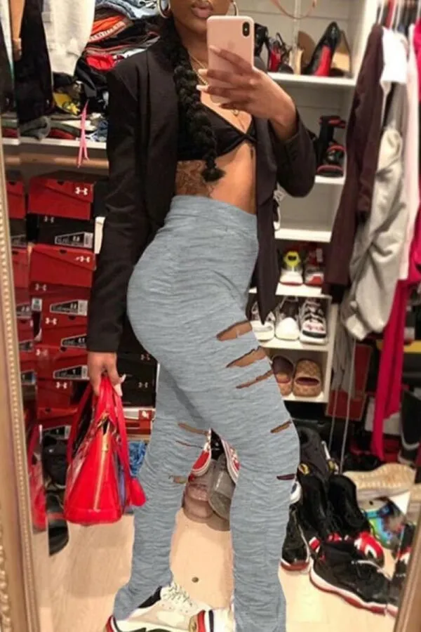 Fashionkova - Grey Fashion Casual Solid Ripped Slit Fold Skinny Mid Waist Trousers