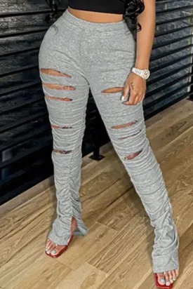 Fashionkova - Grey Fashion Casual Solid Ripped Slit Fold Skinny Mid Waist Trousers