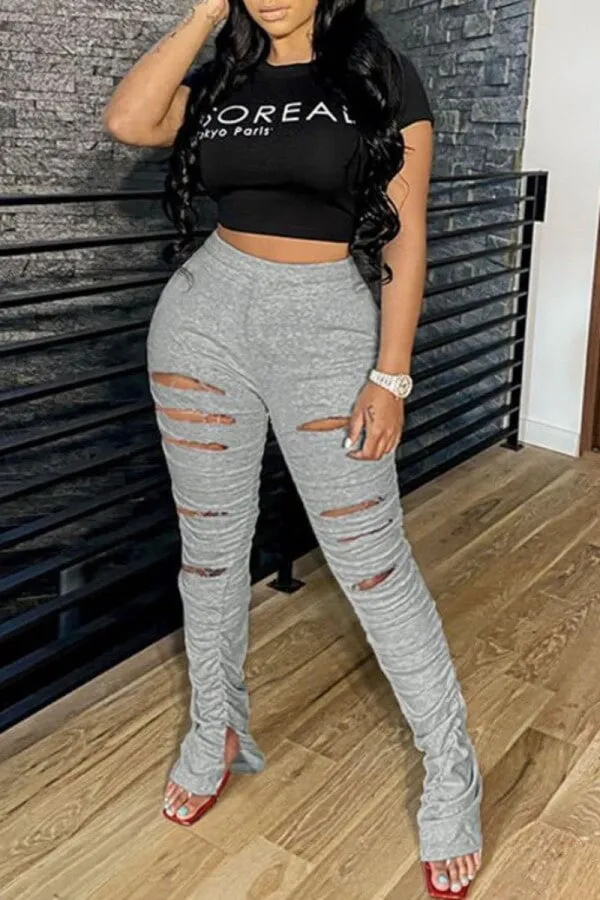 Fashionkova - Grey Fashion Casual Solid Ripped Slit Fold Skinny Mid Waist Trousers