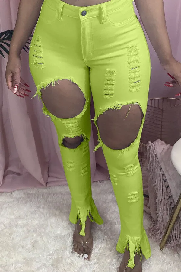 Fashionkova - Light Blue Fashion Casual Solid Ripped Skinny Broken Hole Trousers