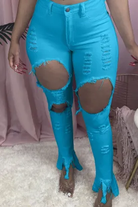 Fashionkova - Light Blue Fashion Casual Solid Ripped Skinny Broken Hole Trousers