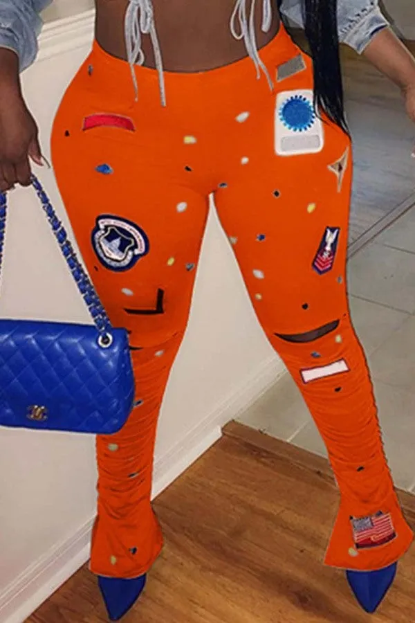 Fashionkova - Red Fashion Casual Print Ripped Skinny High Waist Trousers