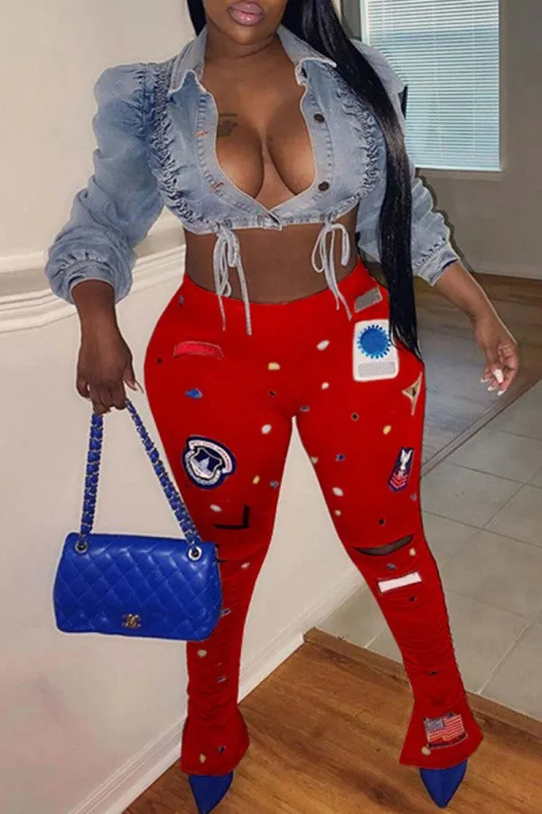 Fashionkova - Red Fashion Casual Print Ripped Skinny High Waist Trousers