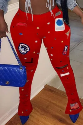 Fashionkova - Red Fashion Casual Print Ripped Skinny High Waist Trousers