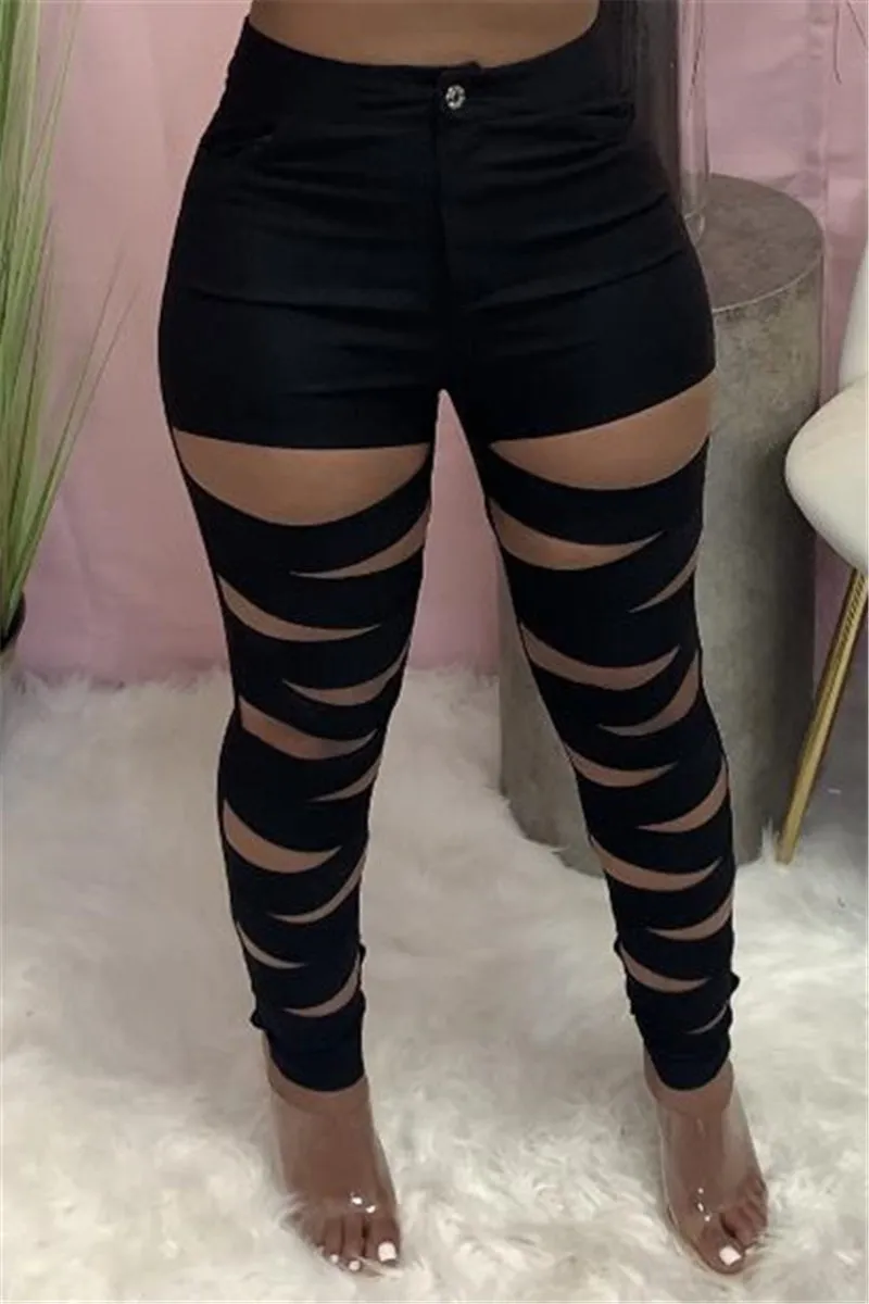 Fashionkova - Red Fashion Sexy Solid Ripped Skinny High Waist Pencil Trousers