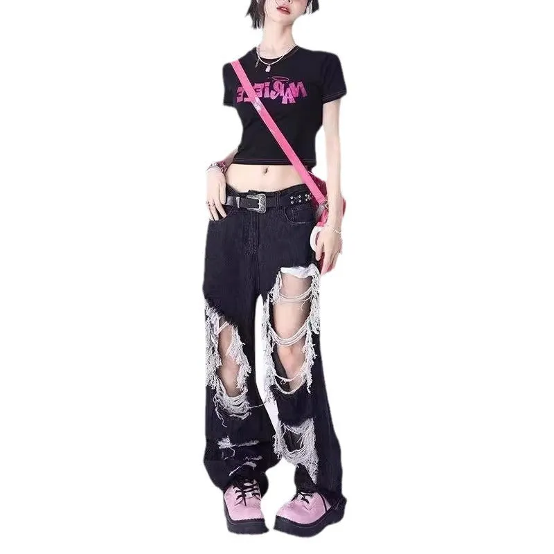 Fashionkova y2k outfits Ripped Ripped Jeans Loose Straight Skinny Handsome Cropped Pants Ins Hong Kong Style All-Matching Pants