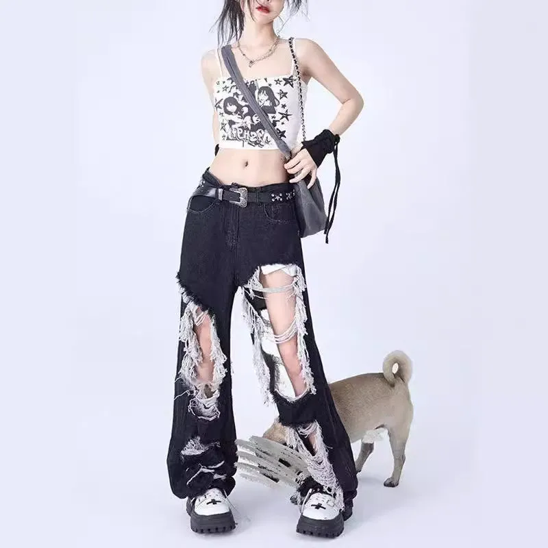 Fashionkova y2k outfits Ripped Ripped Jeans Loose Straight Skinny Handsome Cropped Pants Ins Hong Kong Style All-Matching Pants