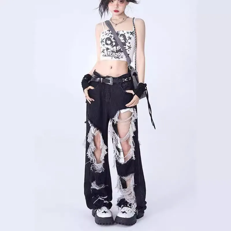 Fashionkova y2k outfits Ripped Ripped Jeans Loose Straight Skinny Handsome Cropped Pants Ins Hong Kong Style All-Matching Pants