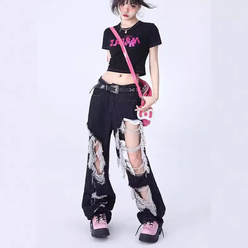 Fashionkova y2k outfits Ripped Ripped Jeans Loose Straight Skinny Handsome Cropped Pants Ins Hong Kong Style All-Matching Pants