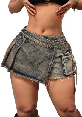 Floerns Women's Asymmetrical Distressed Denim Skort Low Rise Y2K Mini Jean Shorts