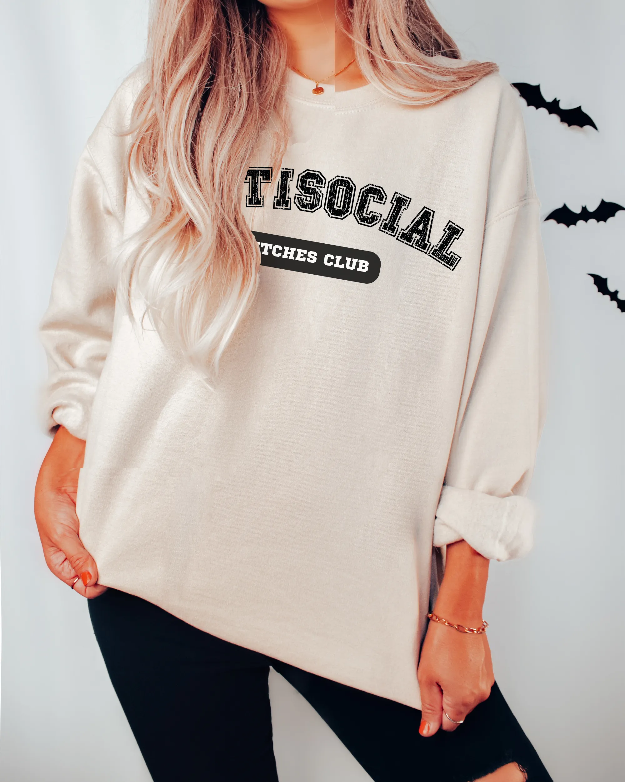 Halloween Antisocial Witches Club Crewneck Sweatshirt, Women's Cozy Halloween or Fall Pullover
