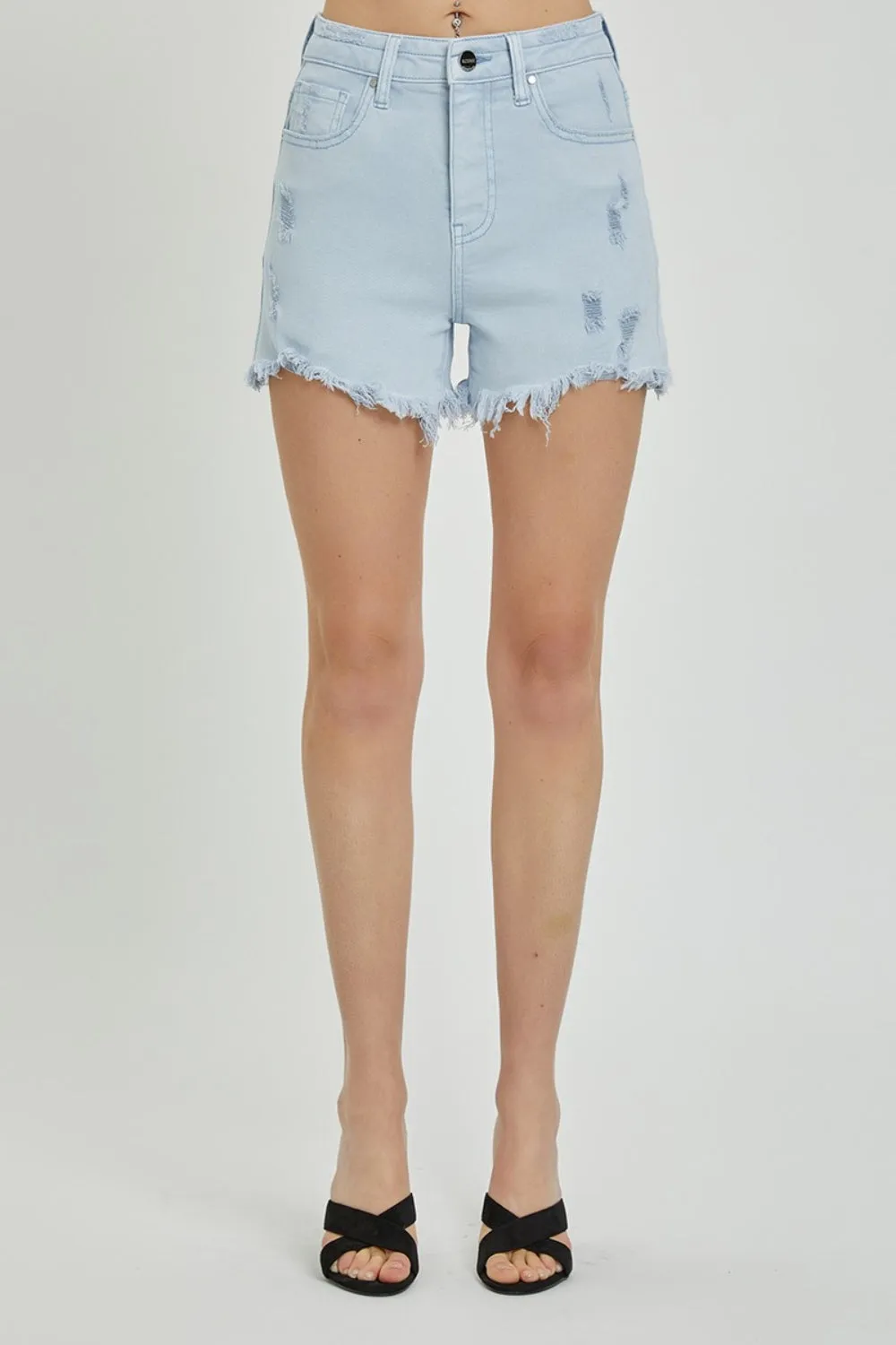 Hazel Blues® |  RISEN High Rise Distressed Detail Denim Shorts
