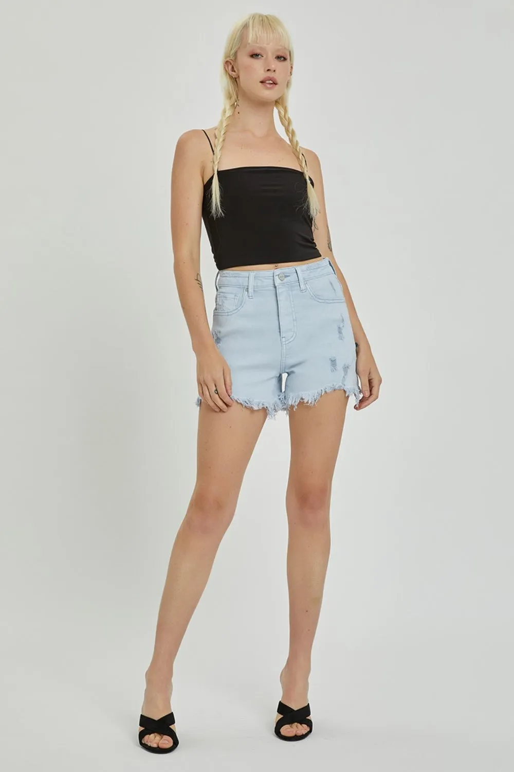 Hazel Blues® |  RISEN High Rise Distressed Detail Denim Shorts