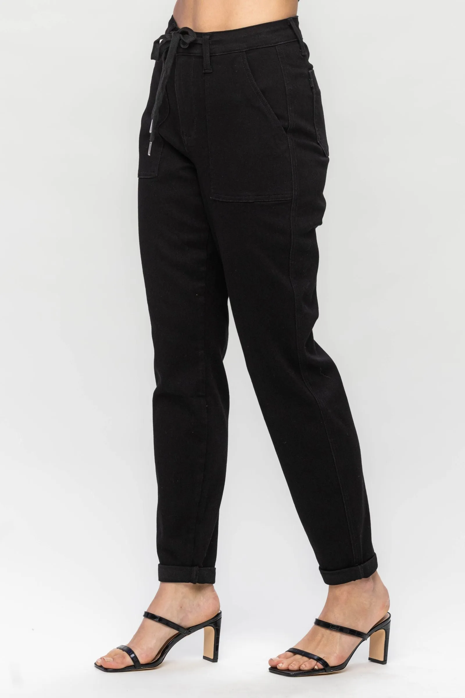 High Waist Jet Black Double Roll Cuff Joggers