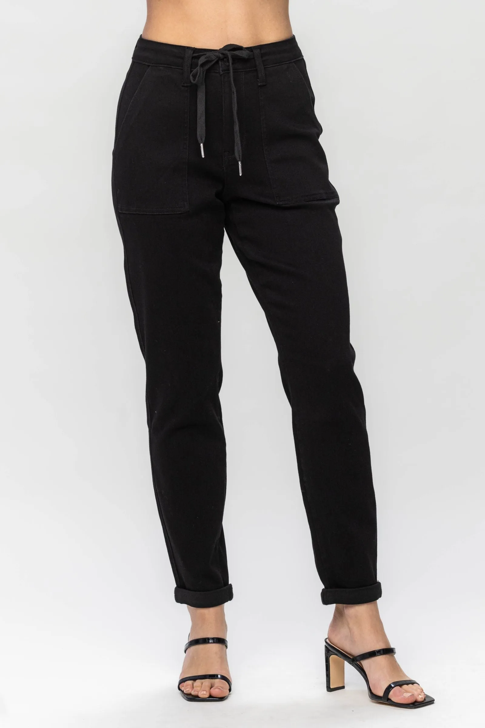 High Waist Jet Black Double Roll Cuff Joggers