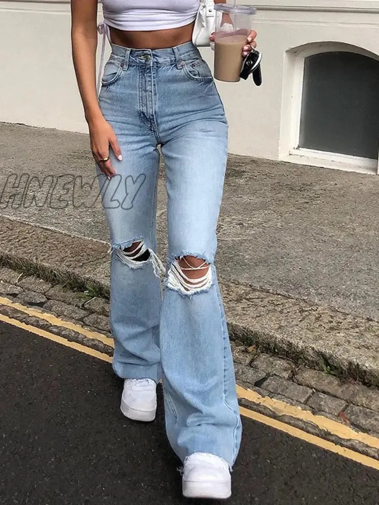 Hnewly Blue Skinny Jeans Ripped Women Denim Trousers Streetwear Distressed Capris Bell Bottom Jeans High Waist Woman Y2k Flare Pants