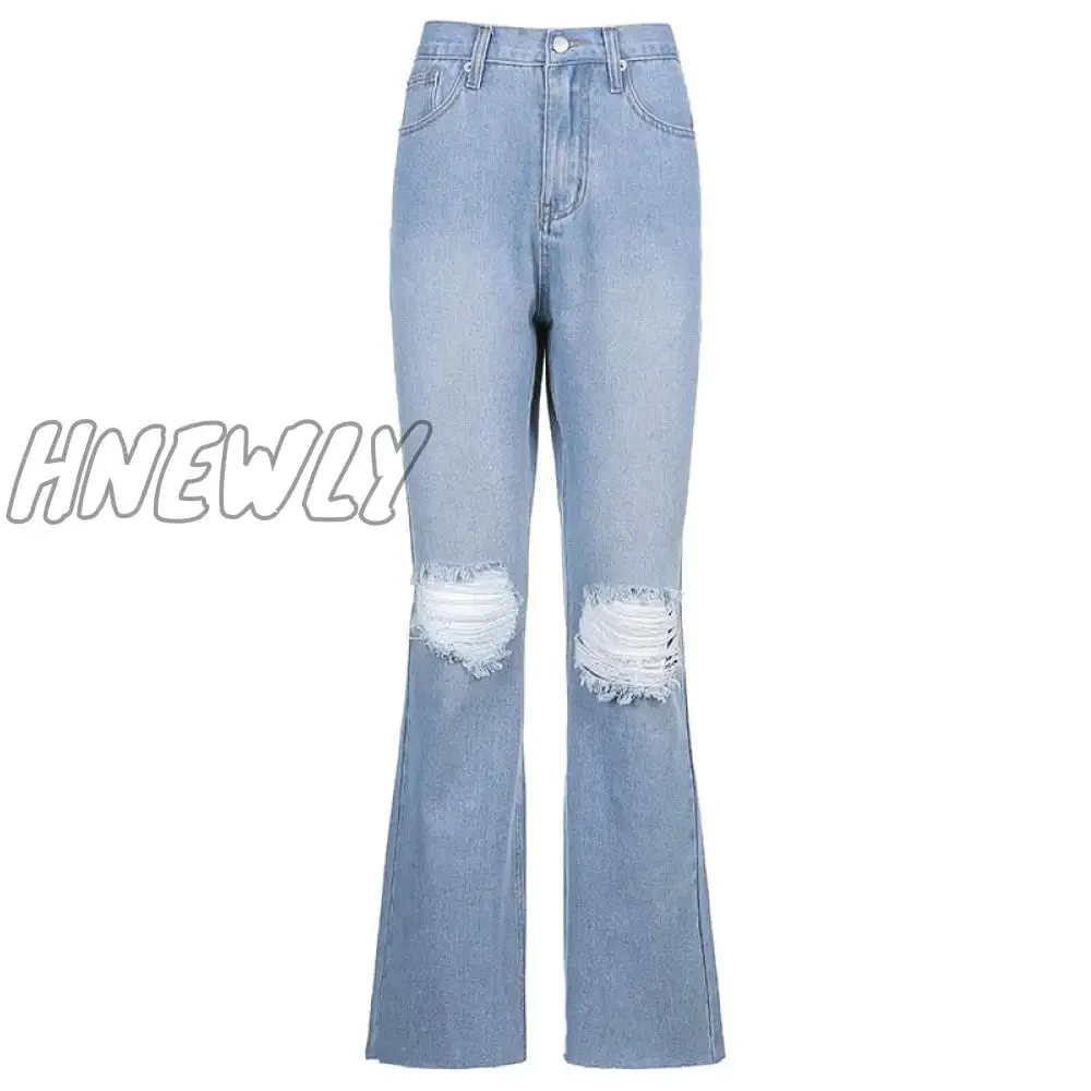 Hnewly Blue Skinny Jeans Ripped Women Denim Trousers Streetwear Distressed Capris Bell Bottom Jeans High Waist Woman Y2k Flare Pants
