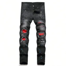 Hnzxzm Men y2k Stretchy Skinny Denim Jeans For Men Casual pants Ripped Patchwork Hole Slim Fit Denim Hip Hop Black Straight Trousers