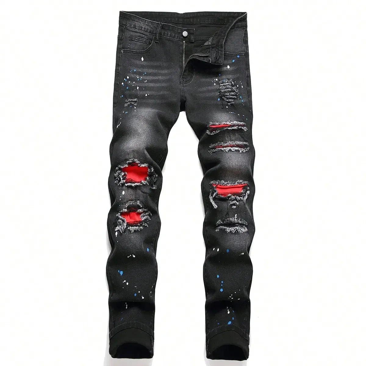 Hnzxzm Men y2k Stretchy Skinny Denim Jeans For Men Casual pants Ripped Patchwork Hole Slim Fit Denim Hip Hop Black Straight Trousers