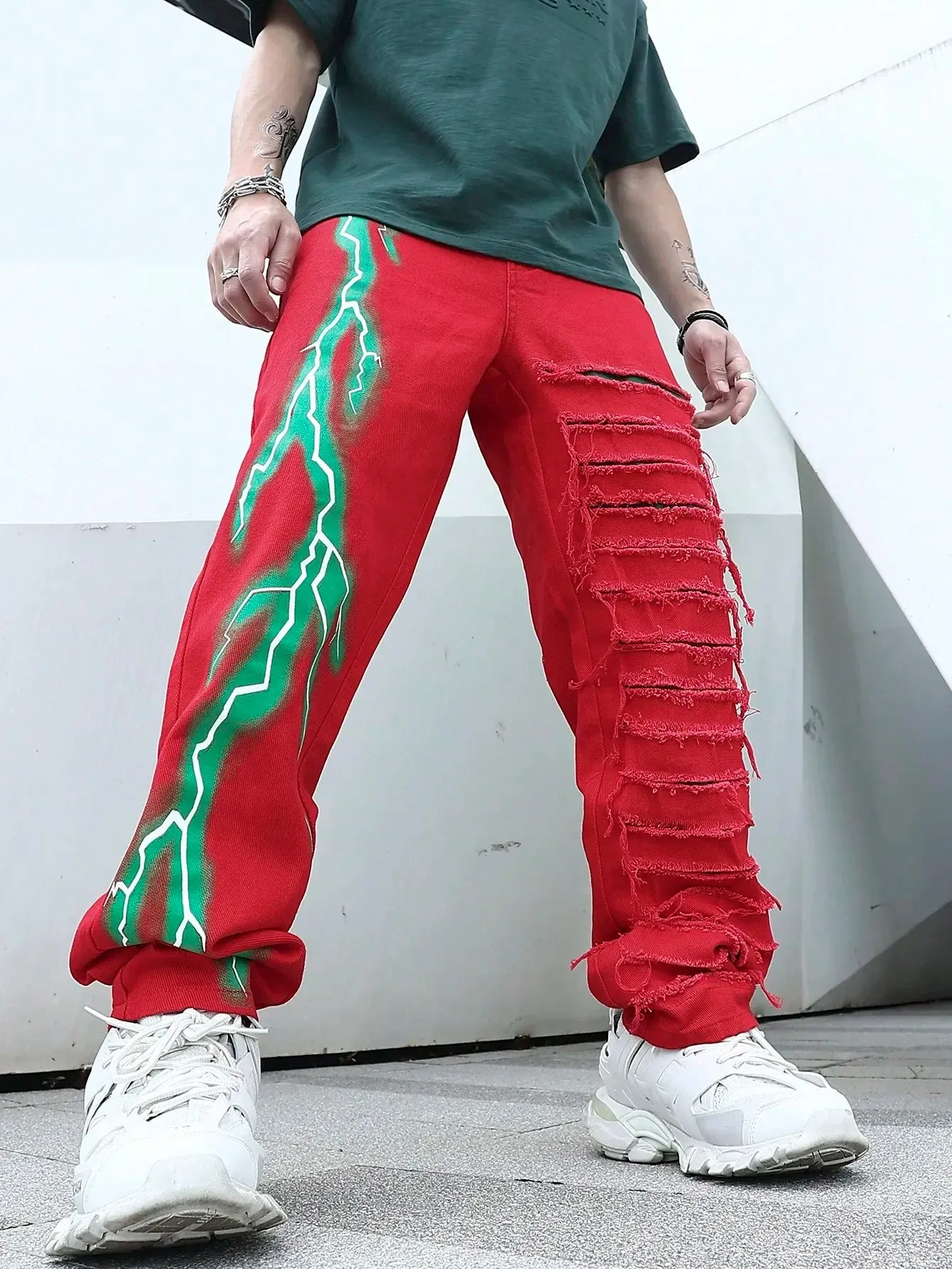 Hnzxzm Men’s Stretchy Lightning Baggy Jeans For Men Cracked Streetwear Holes Ripped Patchwork Denim Casual Pants Slim Skinny Trousers