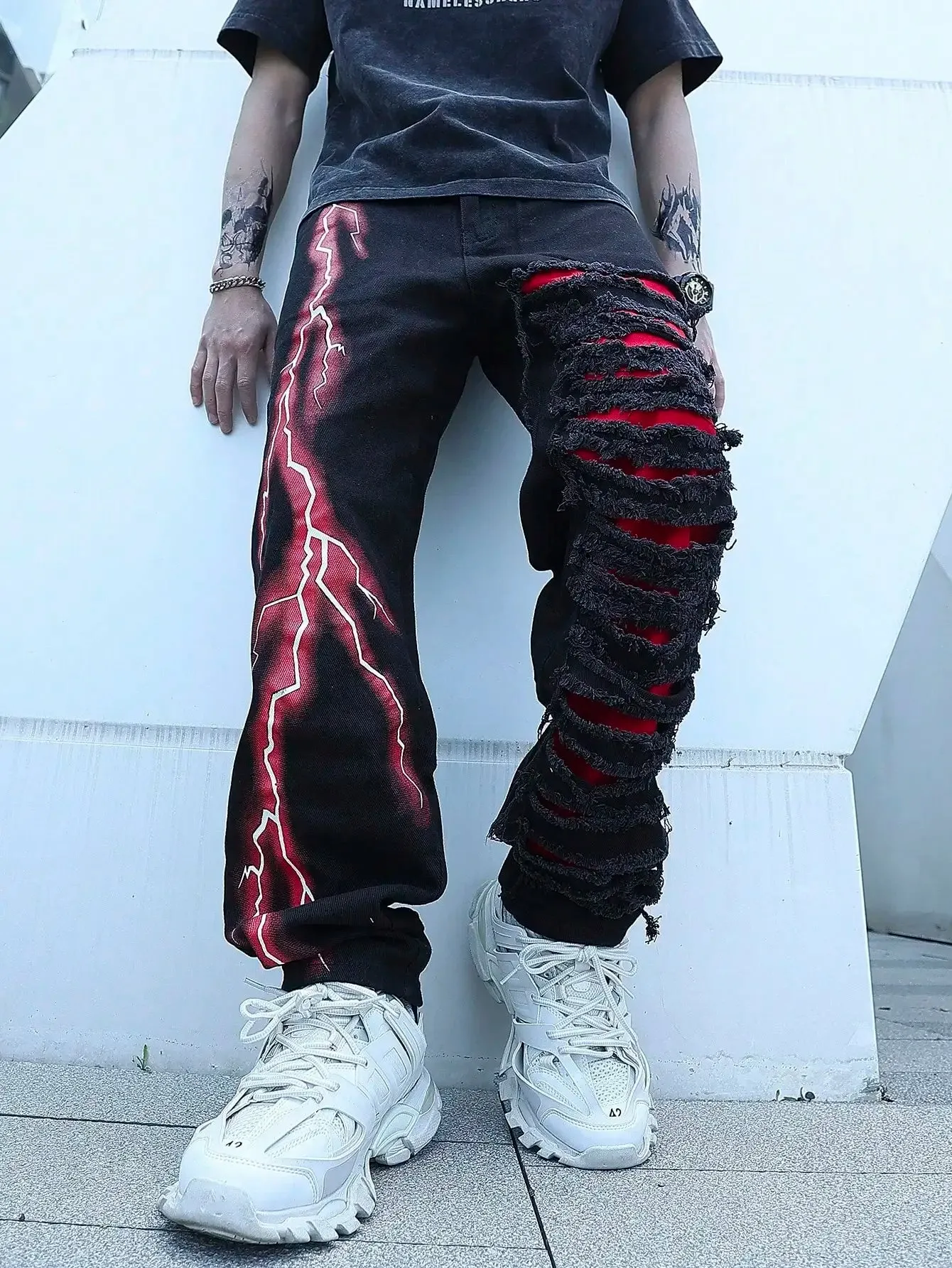 Hnzxzm Men’s Stretchy Lightning Baggy Jeans For Men Cracked Streetwear Holes Ripped Patchwork Denim Casual Pants Slim Skinny Trousers