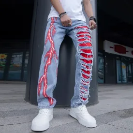 Hnzxzm Men’s Stretchy Lightning Baggy Jeans For Men Cracked Streetwear Holes Ripped Patchwork Denim Casual Pants Slim Skinny Trousers