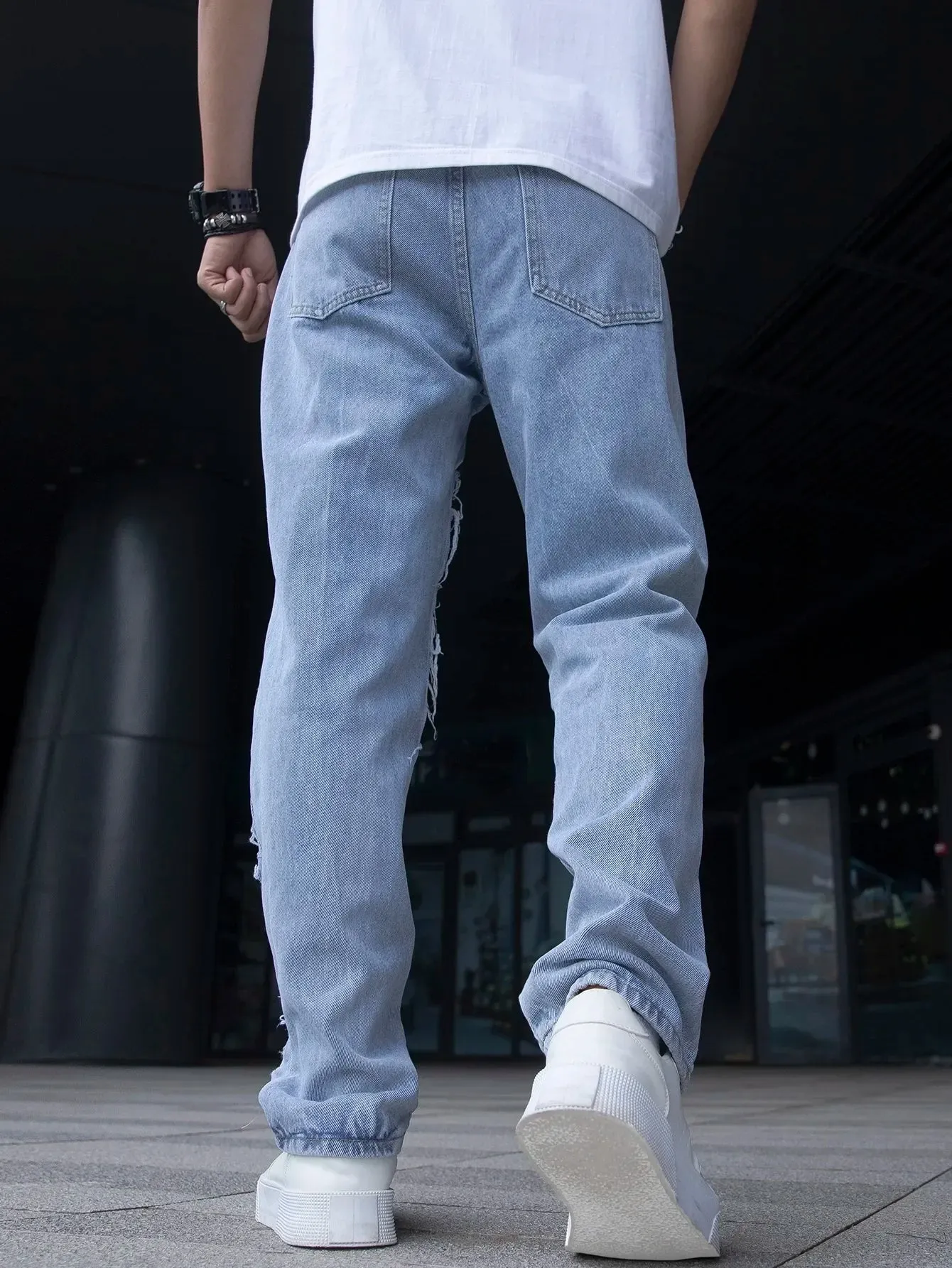 Hnzxzm Men’s Stretchy Lightning Baggy Jeans For Men Cracked Streetwear Holes Ripped Patchwork Denim Casual Pants Slim Skinny Trousers