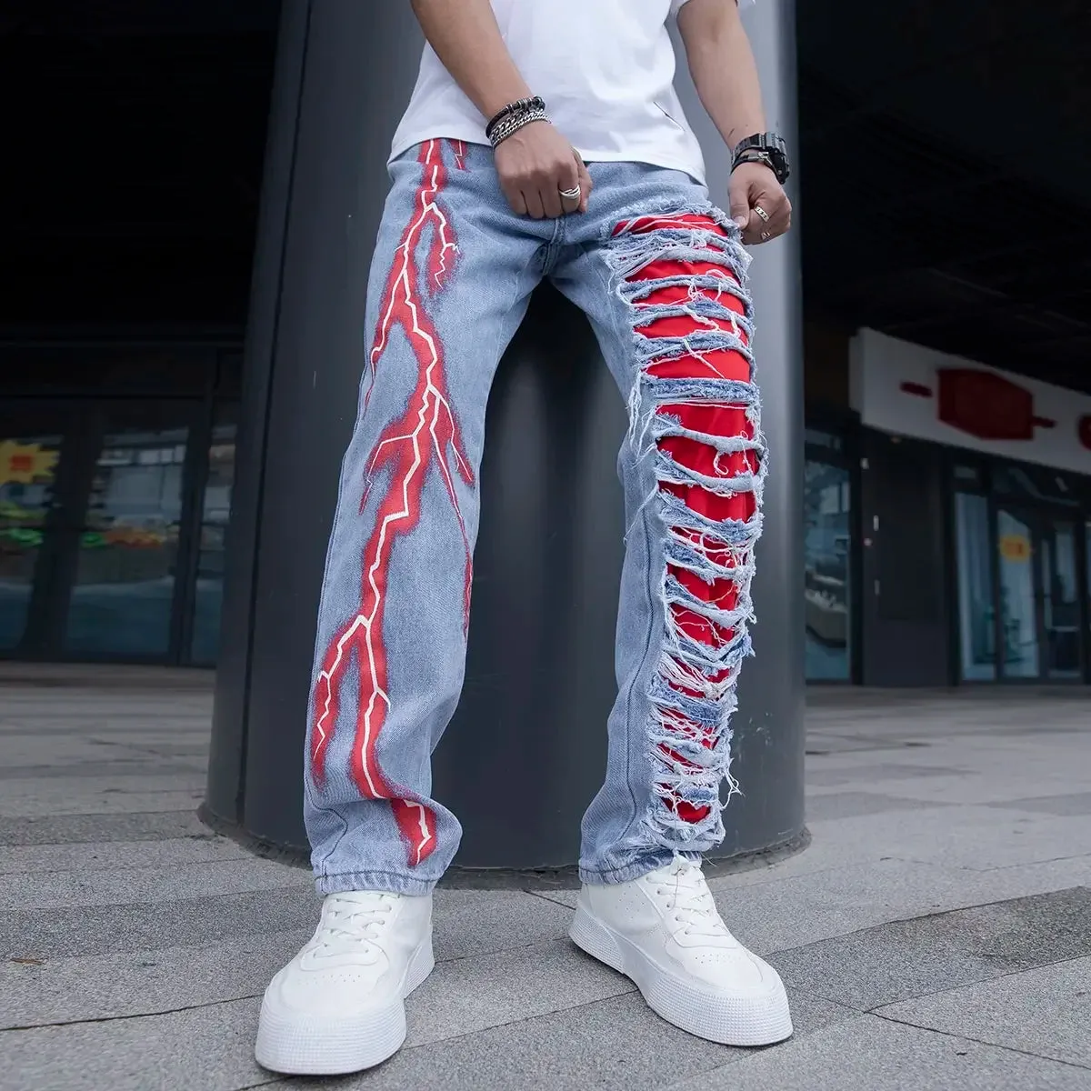 Hnzxzm Men’s Stretchy Lightning Baggy Jeans For Men Cracked Streetwear Holes Ripped Patchwork Denim Casual Pants Slim Skinny Trousers