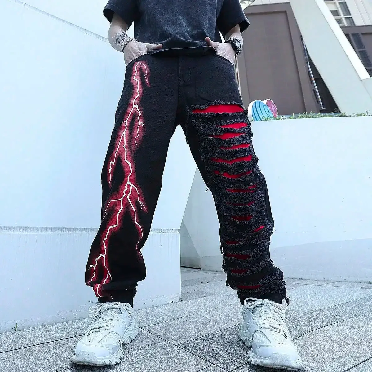 Hnzxzm Men’s Stretchy Lightning Baggy Jeans For Men Cracked Streetwear Holes Ripped Patchwork Denim Casual Pants Slim Skinny Trousers